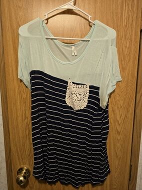 Vanity Light Aqua and Navy Striped Scoop Neck Tee with Crochet Pocket
